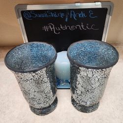 (2) Vintage Blue Mosaic Mirrored Crackle Glass Footed Hurricane Lamps