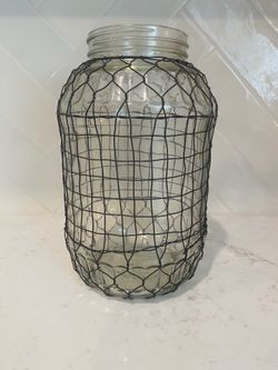 Glass vase with black chicken wire
