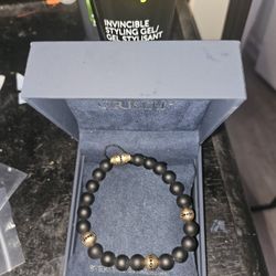 CRISLU Mens Black Beaded Bracelet Finished in 18 Kt Yellow Gold
