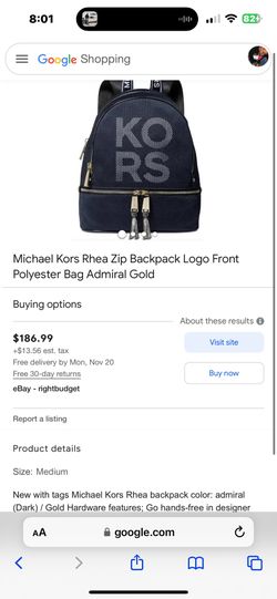 Michael Kors Rhea Zip Backpack Logo Front Polyester Bag Admiral Gold