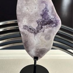 Pink amethyst slab on custom stand