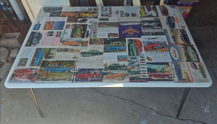 Rectangle shape table with customized oringinal car Advertising  1940/50s from panorama city 
Table was sanded 320 grade then I took car advertising f