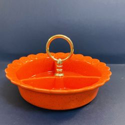   Vintage Mid Century Orange Divided Dish With Handle 