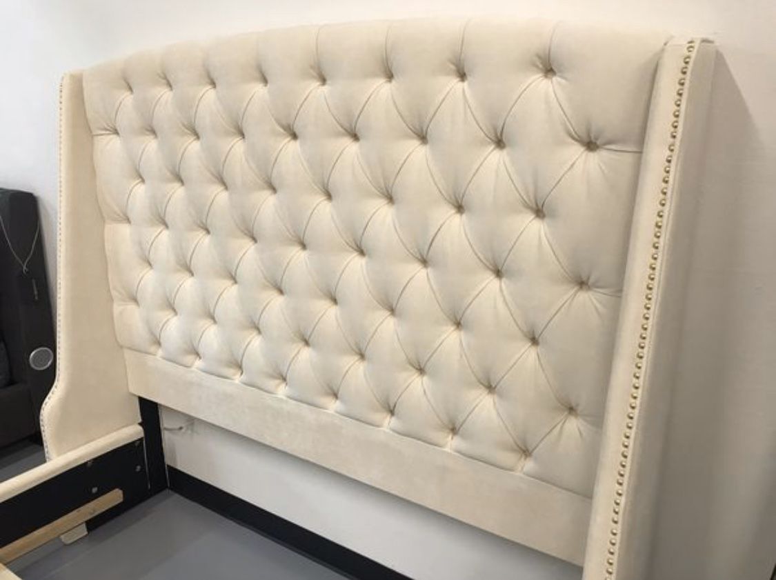 New Beige / Cream Velvet Bed Frame in Queen Size (DISPLAY MODEL DEAL