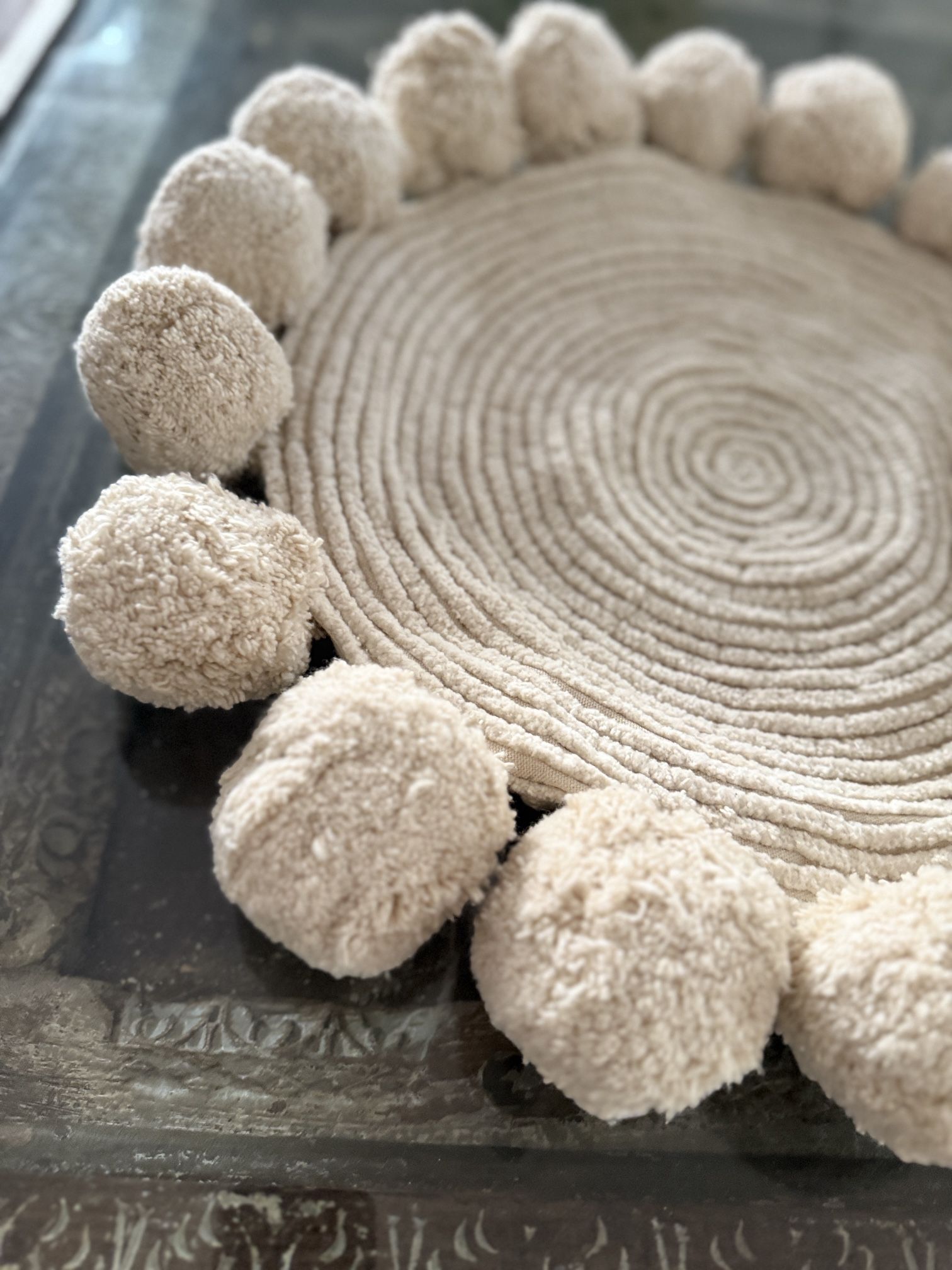 Four - 12” Round Boho Throw Pillow Cover Hand-Tufted Cotton with Chunky Pom Poms