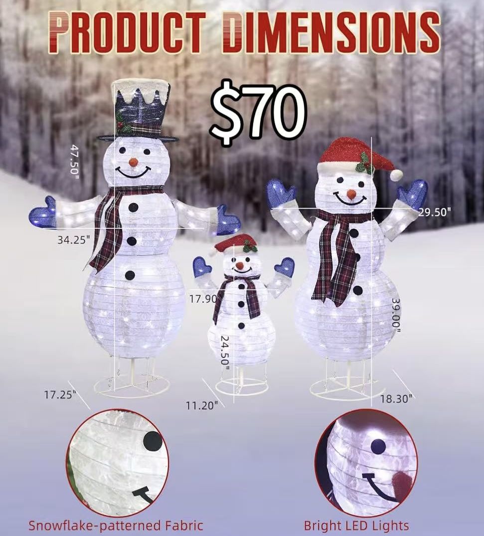 😀 3-Piece 3D Outdoor Christmas Snowman Lighted Christmas Yard Decorations Collapsible Snowmen Yard Decor for Yard Patio with LED Lights & Stakes