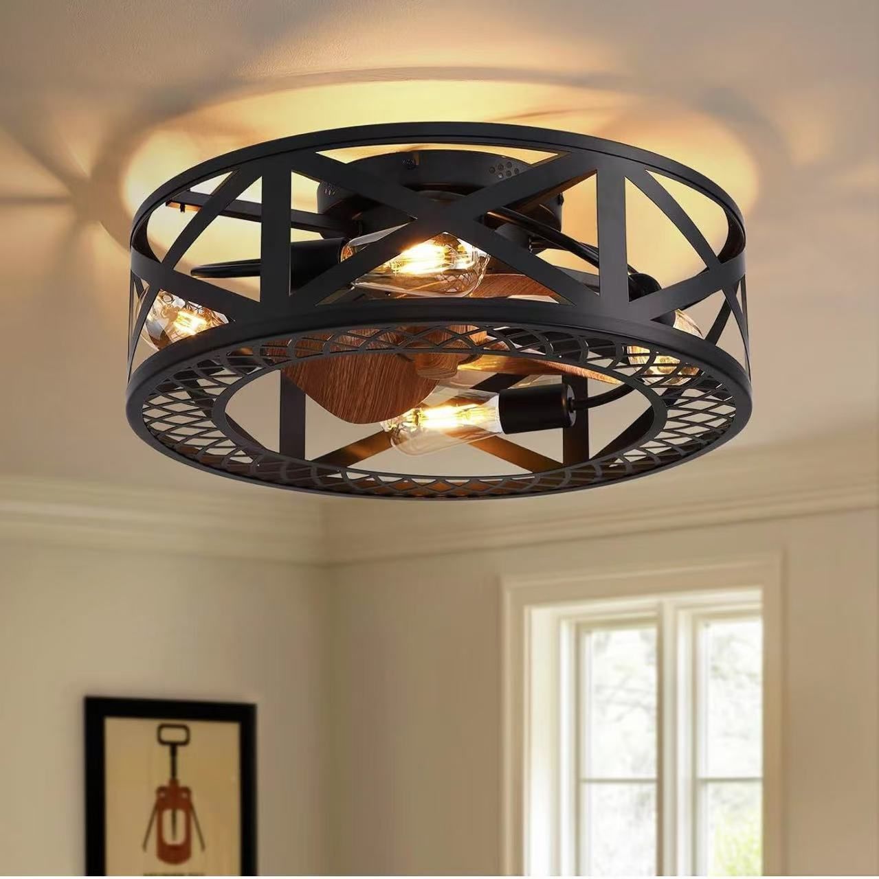 20" Caged Ceiling Fans with Lights, Modern Dimmable Flush Mount Ceiling Fan with Lights Remote, Black Low Profile Ceiling Fan for Bedroom, Kitchen,6 S
