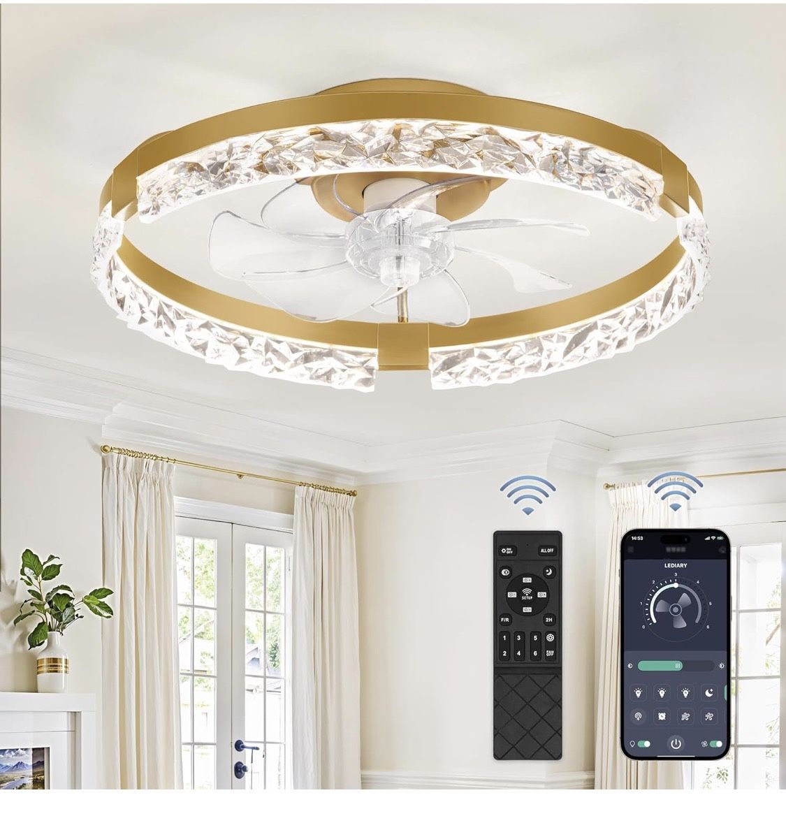 20 Inch Low Profile Ceiling Fans with Lights and Remote, Fandelier Ceiling Fan Flush Mount, 3000K-6000K Dimmable LED Fan Light, Gold Modern Ceiling Fa
