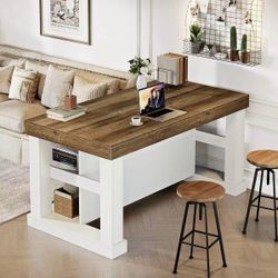 JW1250AB 55" Kitchen Island with Seating and Storage, 3-Tier Farmhouse Wood Stationary Island Table