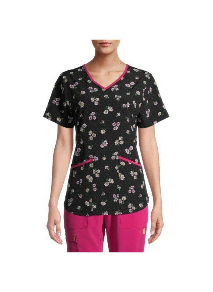 Scrubstar SIMPLE DAISY Nurse Uniform V-Neck Scrub Top Sz L Black/Pink
