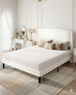 King Size Teddy Fabric Upholstered Platform Bed Frame with Curved Headboard and
