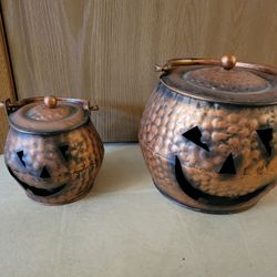 Set Of TWO Copper Finish Jack-o'-lanterns - Metal