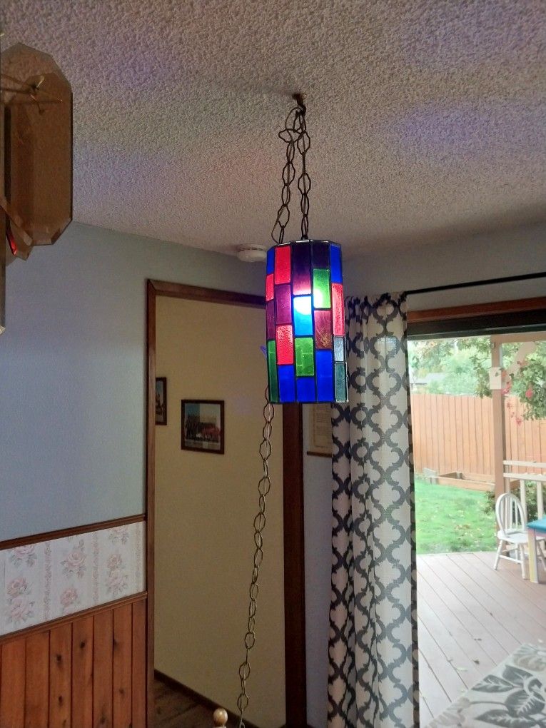 1970s Feders Felipe Delfinger Stainglass Iron Pendant Lamp