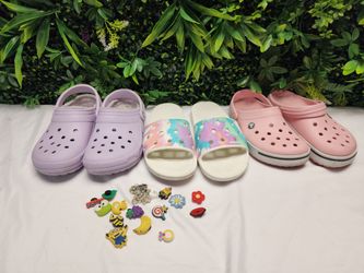 Crocs Shoe Bundle Women sz 9 Lot of 3 Pairs with Jibbitz Charms Pink Lavender Tie Dye Slides Clogs