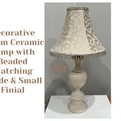 Decorative Cream Ceramic Lamp with Beaded Matching Shade & Small Finial