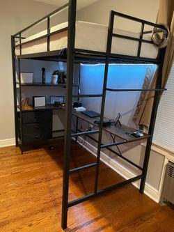 Metal bunk bed with desk and mattress