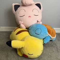 Large Sleeping Pokémon Plush Lot – Jigglypuff, Squirtle & Pikachu