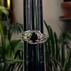 Sterling Silver Sapphire Solitaire Birthstone Ring, Accented Band in Size 7