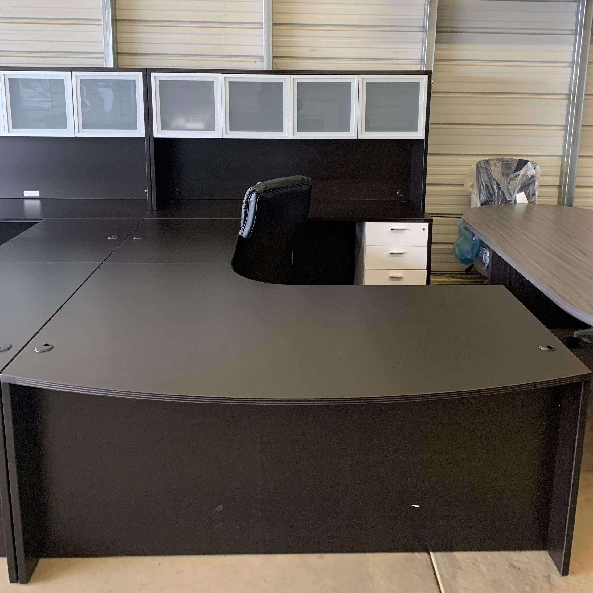 Business Equipment Office Equipment Dark Brown U Shaped Executive Bow Front Desk With Hutch And Matching Pedestal