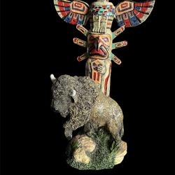 Native American Style Totem Pole with Buffalo Figurine