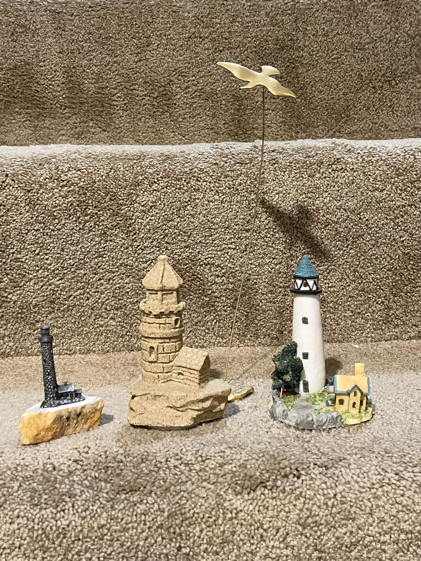 Lighthouse lot of 3 figures w/ Brass seagull flying Nautical decor