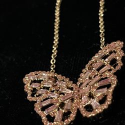 Pink Rhinestone Butterfly Pendant In Rose Gold Colored Chain Necklace   $20