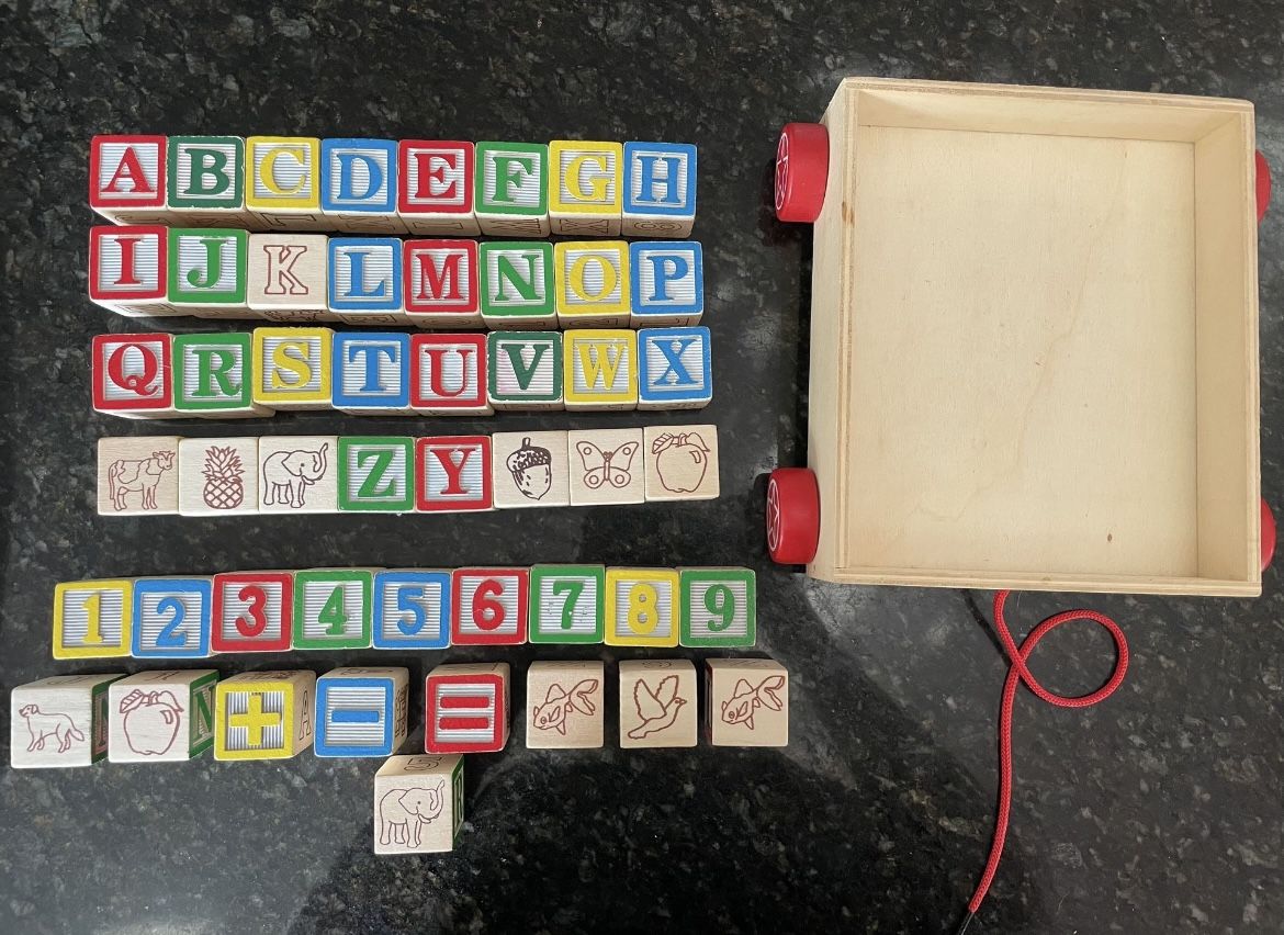 MELISSA & DOUG Wooden ABC 123 Blocks with Bag and Wagon Holder
