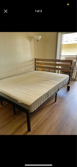 Metal Bed Frame with Wood Headboard and Mattress