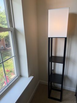 Black Shelf Floor Lamp with 3 Shelves & White Fabric Shade