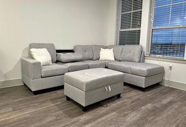NEW IN BOX Grey Fabric Sectional with Free Storage Ottoman -54 DOWN PMT
