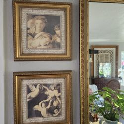 2 Vtg Wall Gold Tone CHERUBS  ,Renaissance  Secret Prints  16"×16" Frames