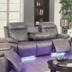 Dark Grey Leather Power Reclining Three Piece Couch Set 