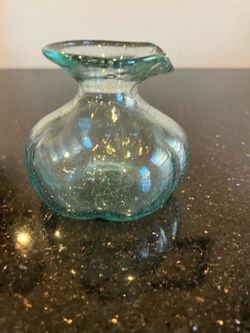 VTG Mouth-blown Aqua Glass Vase with Lip. Seeded Bubbles. See pic for size