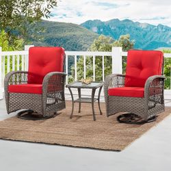 Set 3 Piece Outdoor Patio Furniture, Wicker Swivel Rocking Chair Set with Matching Coffee Table & Premium Fabric Cushion(Mixed Grey/Red)