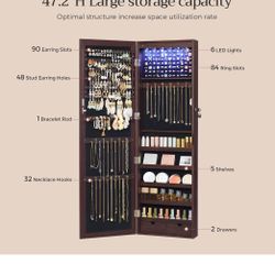 Lockable Jewelry Cabinet, Wall or Door Mounted, with Mirror and 6 LED Lights, for Organization, with 2 Drawers, 3.9 x 14.6 x 47.2 inches, Brown🔥🔥🔥