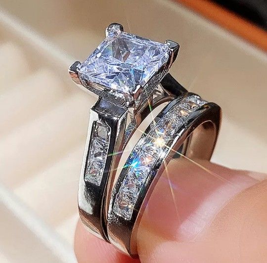 Stainless Steel Wedding Ring Set for Women Square Zirconia Bridal Jewelry Sizes 7, 8, 9, 10