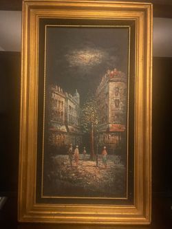 Large Vintage Paris Street-Scene Painting in Ornate Gold Frame