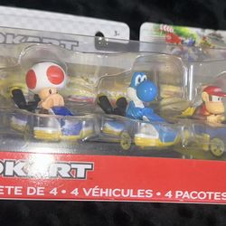 Hot Wheels Mario Kart 4 Pack Die-Cast WALUIGI,  TOAD, Blue YOSHI, DIDDY KONG NIB