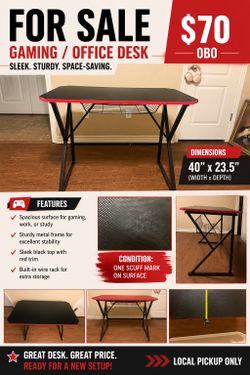40x23.5 Black and Red Trim Gaming Desk