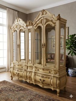 Ornate Antique White French Provincial China Cabinet Hutch