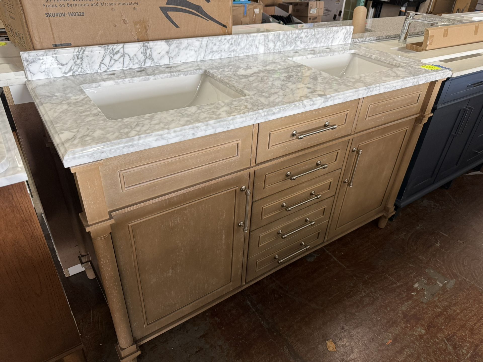 Aberdeen 60 in. Double Sink Antique Oak Bath Vanity with Carrara Marble Top