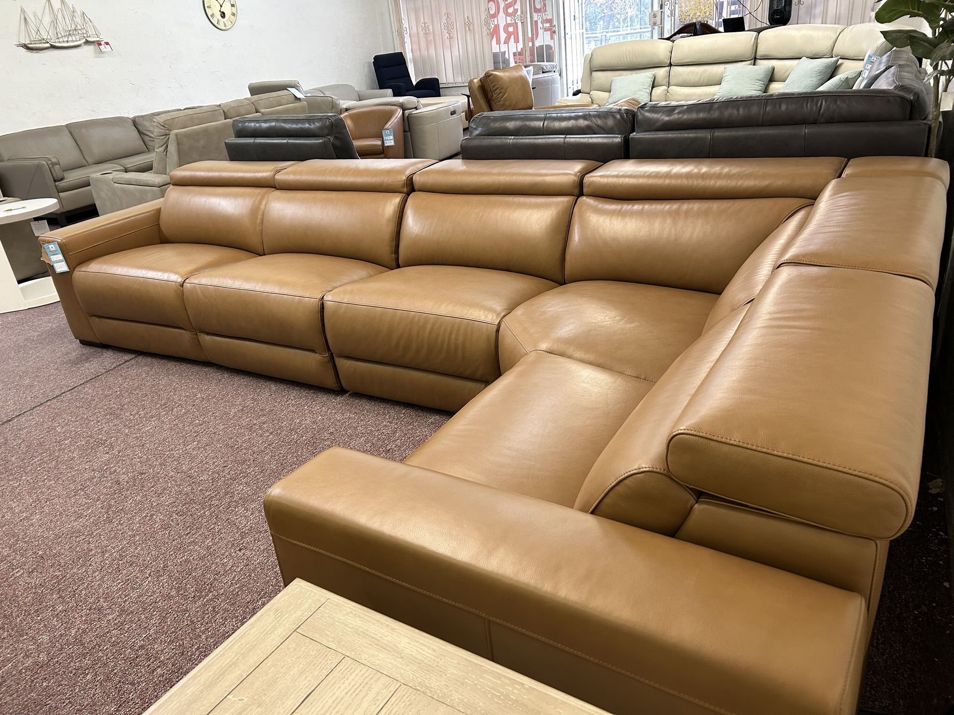 Furniture- Butternut 100% Real Leather 5 Pc Sectional With 3 Power Recliners- Nevio