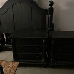 Four Post Bed Frame Queen Size. And Matching End Tables Antique Black