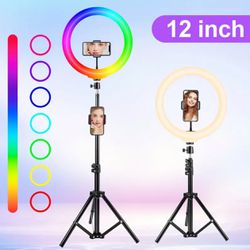 1pc 12 Inch LED Circle Light with Tripod Stand & Clip - 38 Color Modes for YouTube, Makeup, Android - Stepless Dimming, Perfect Brightness for Vloggin