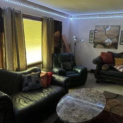 100% Leather Brown Couch Set/ W Black Recliner (PRICE NEGOTIABLE) 