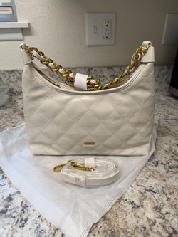 White Quilted Leather Shoulder Bag with Gold Chain