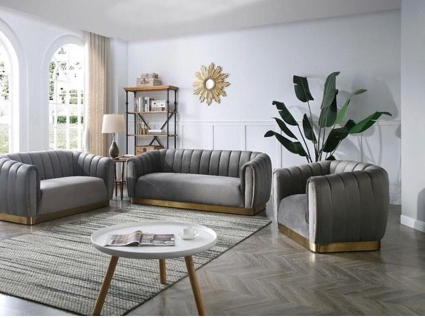 NEW VELVET GRAY /GOLD & PINK / GOLD SOFA & LOVESEAT ! CHAIR IS EXTRA AND MAY NOT BE AVAILABLE DUE TO LOW STOCK !