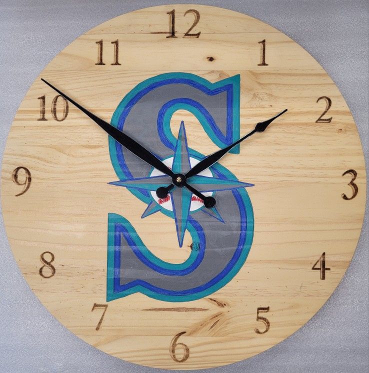 17.5" Round x 1" Thick Wood, Laser Burned, Hand Painted Sports Team Clock