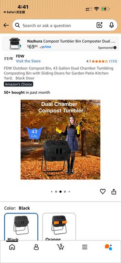 FDW Outdoor Compost Bin, 43 Gallon Dual Chamber Tumbling Composting Bin with Sliding Doors for Garden Patio Kitchen Yard，Black Door