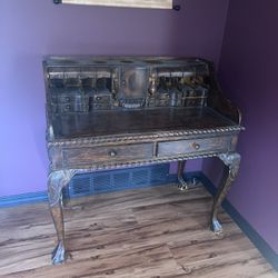 Antique Writing Desk Wood Vintage Victorian Queen Anne Secretary Desk